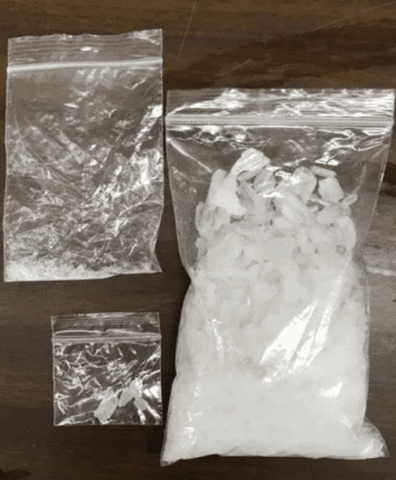 CRYSTAL pack of amphetamine powder displayed